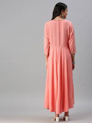 Showoff women's ankle length v-neck pink floral anarkali kurta 4