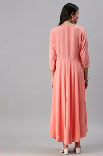 Showoff women's ankle length v-neck pink floral anarkali kurta