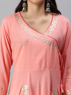 Showoff women's ankle length v-neck pink floral anarkali kurta 5