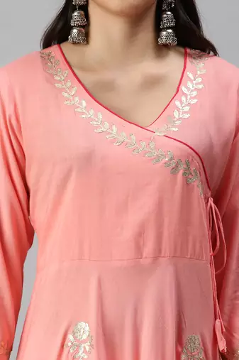 Showoff women's ankle length v-neck pink floral anarkali kurta
