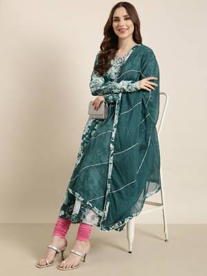 women's calf length v-neck teal floral anarkali kurta comes with duppatta 1