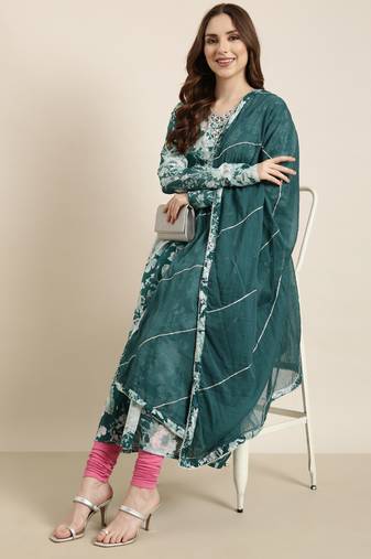 women's calf length v-neck teal floral anarkali kurta comes with duppatta