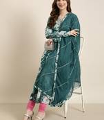 women's calf length v-neck teal floral anarkali kurta comes with duppatta