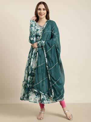 women's calf length v-neck teal floral anarkali kurta comes with duppatta 2