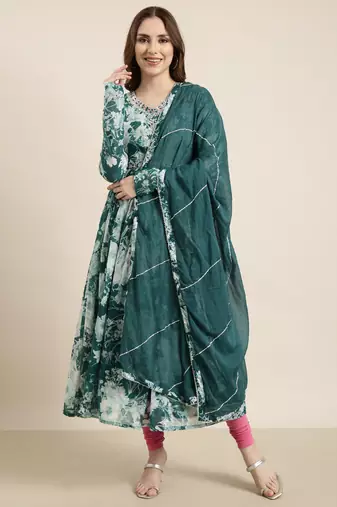 women's calf length v-neck teal floral anarkali kurta comes with duppatta