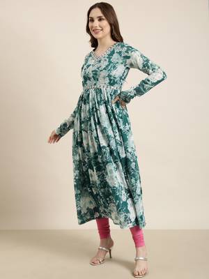 women's calf length v-neck teal floral anarkali kurta comes with duppatta 3