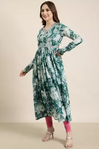 women's calf length v-neck teal floral anarkali kurta comes with duppatta