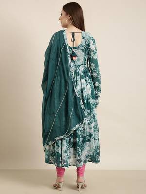 women's calf length v-neck teal floral anarkali kurta comes with duppatta 4