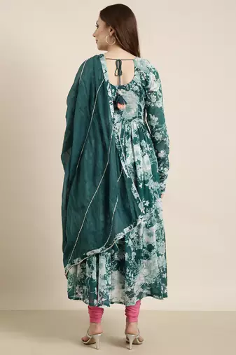 women's calf length v-neck teal floral anarkali kurta comes with duppatta