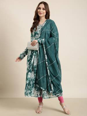women's calf length v-neck teal floral anarkali kurta comes with duppatta 5