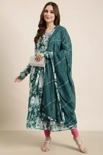 women's calf length v-neck teal floral anarkali kurta comes with duppatta
