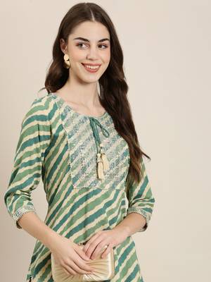 women's calf length tie-up neck green striped straight kurta 2