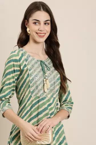 women's calf length tie-up neck green striped straight kurta