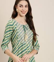 women's calf length tie-up neck green striped straight kurta
