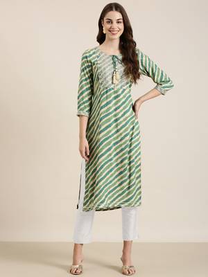 women's calf length tie-up neck green striped straight kurta 1
