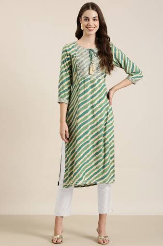 women's calf length tie-up neck green striped straight kurta