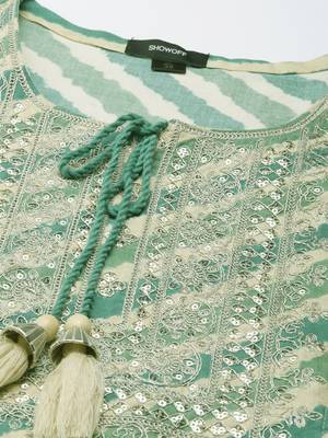 women's calf length tie-up neck green striped straight kurta 3