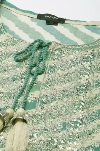 women's calf length tie-up neck green striped straight kurta