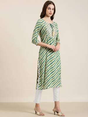women's calf length tie-up neck green striped straight kurta 4