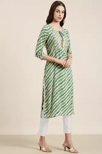 women's calf length tie-up neck green striped straight kurta