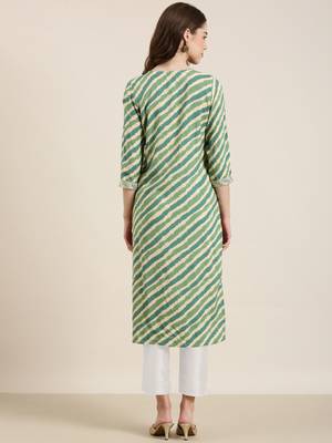 women's calf length tie-up neck green striped straight kurta 5