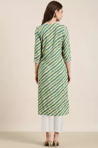 women's calf length tie-up neck green striped straight kurta
