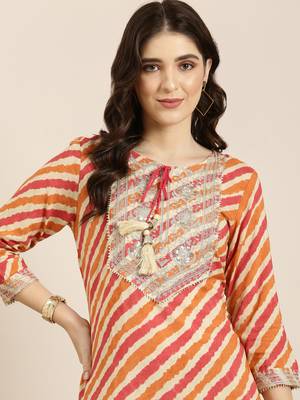 women's calf length tie-up neck orange striped straight kurta 2