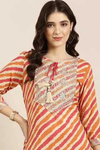 women's calf length tie-up neck orange striped straight kurta