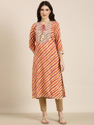 women's calf length tie-up neck orange striped straight kurta 1