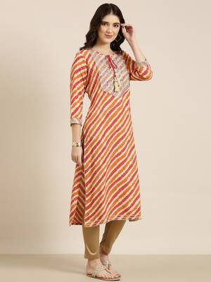 women's calf length tie-up neck orange striped straight kurta 4