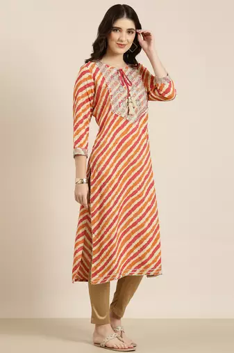 women's calf length tie-up neck orange striped straight kurta