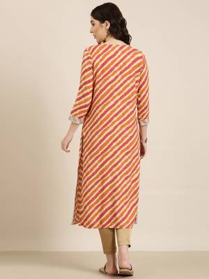 women's calf length tie-up neck orange striped straight kurta 5