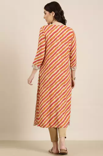 women's calf length tie-up neck orange striped straight kurta