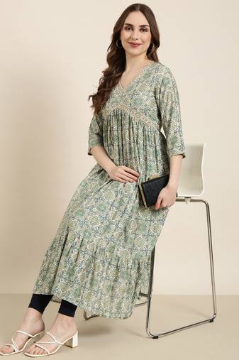 women's calf length v-neck sea green ethnic motifs anarkali kurta
