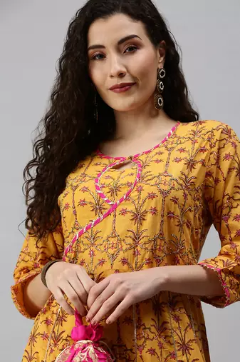 women's calf length keyhole neck yellow floral anarkali kurta comes with duppatta