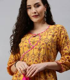 women's calf length keyhole neck yellow floral anarkali kurta comes with duppatta