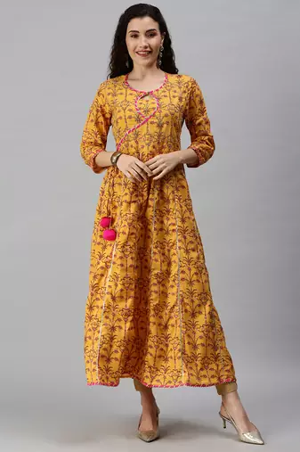 women's calf length keyhole neck yellow floral anarkali kurta comes with duppatta