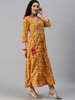 women's calf length keyhole neck yellow floral anarkali kurta comes with duppatta 1