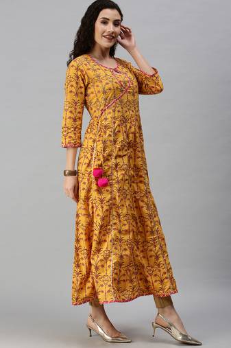women's calf length keyhole neck yellow floral anarkali kurta comes with duppatta