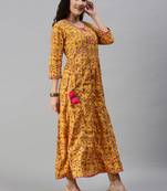 women's calf length keyhole neck yellow floral anarkali kurta comes with duppatta