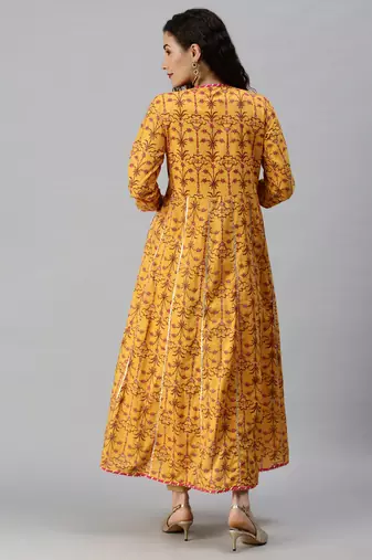 women's calf length keyhole neck yellow floral anarkali kurta comes with duppatta