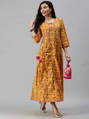 women's calf length keyhole neck yellow floral anarkali kurta comes with duppatta 5