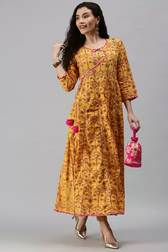 women's calf length keyhole neck yellow floral anarkali kurta comes with duppatta
