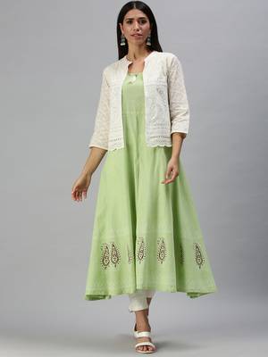 women's calf length mandarin collar green paisley anarkali kurta 3