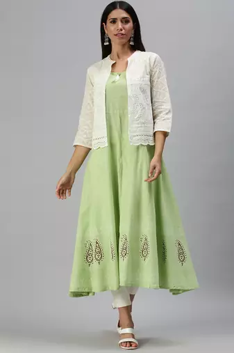 women's calf length mandarin collar green paisley anarkali kurta