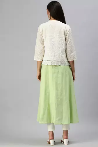 women's calf length mandarin collar green paisley anarkali kurta