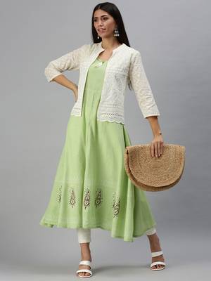women's calf length mandarin collar green paisley anarkali kurta 1