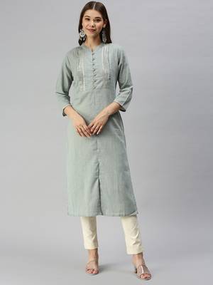 women's calf length mandarin collar grey solid straight kurta 3