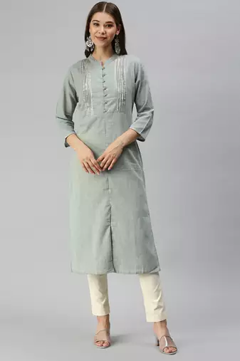 women's calf length mandarin collar grey solid straight kurta