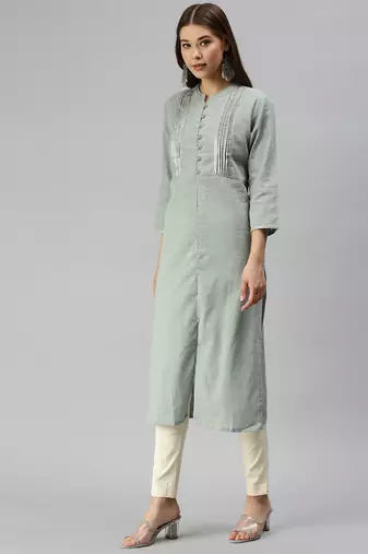 women's calf length mandarin collar grey solid straight kurta